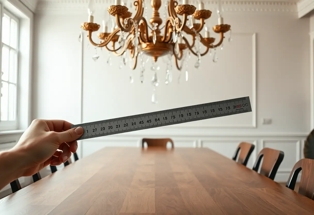 Une main tenant un mètre ruban pour mesurer un lustre élégant au-dessus d'une table