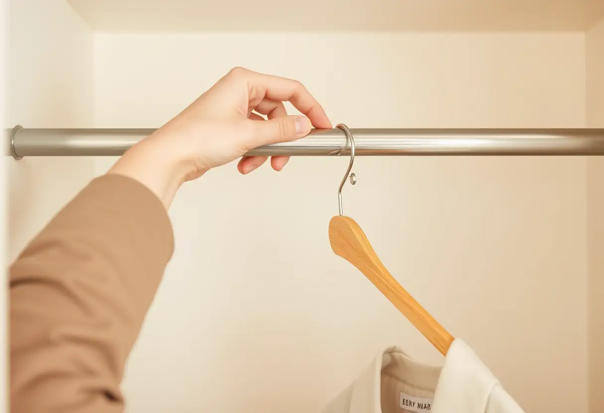 Une main placant délicatement un cintre en bois sur une barre de vestiaire