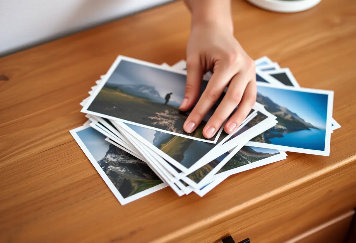 Mains disposant un tas de photos sur une commode en bois, les images représentent des paysages de montagne, évoquant l'aventure