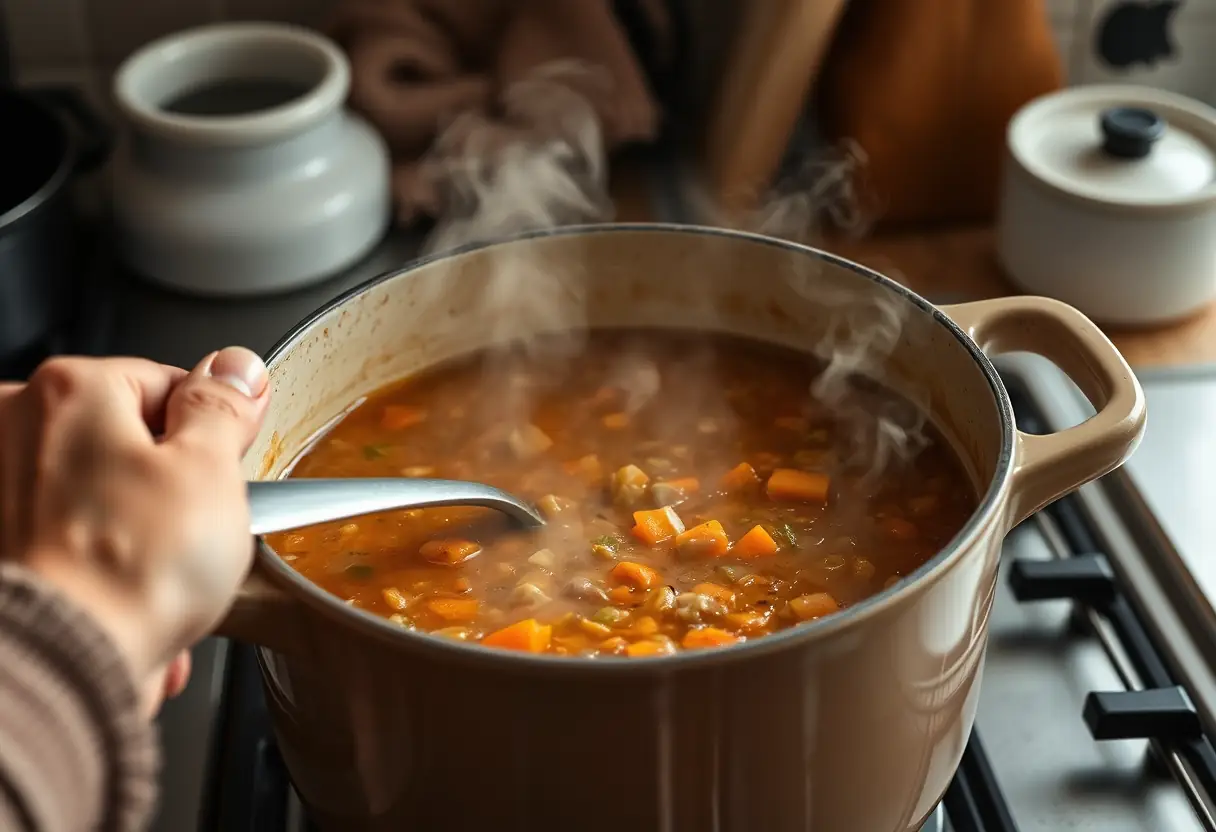 Une main remue une soupe épaisse dans une marmite en céramique sur un fourneau