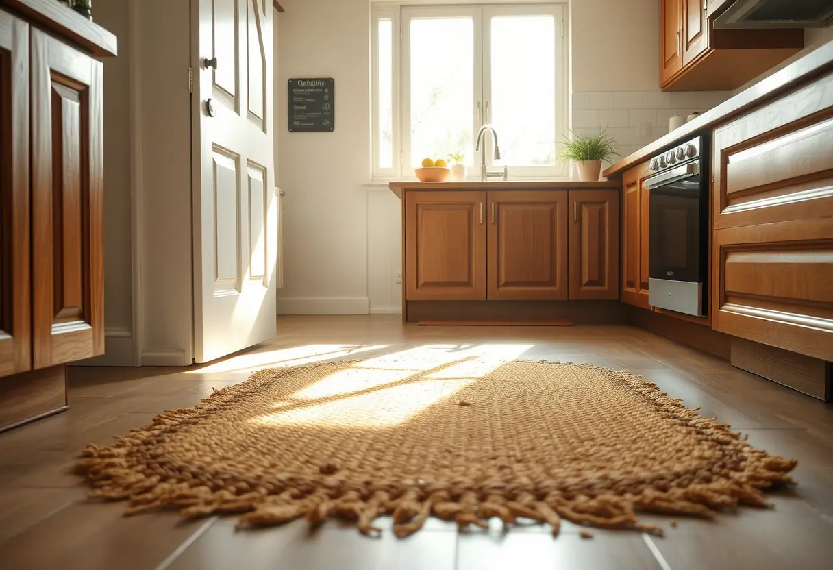 Tapis d'entrée en fibre de noix de coco dans une cuisine lumineuse