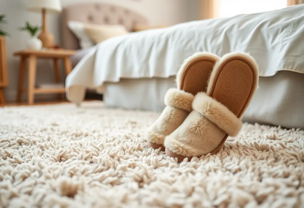 Des pantoufles posées sur un moelleux tapis shaggy dans une chambre, mettant en valeur le confort et la chaleur